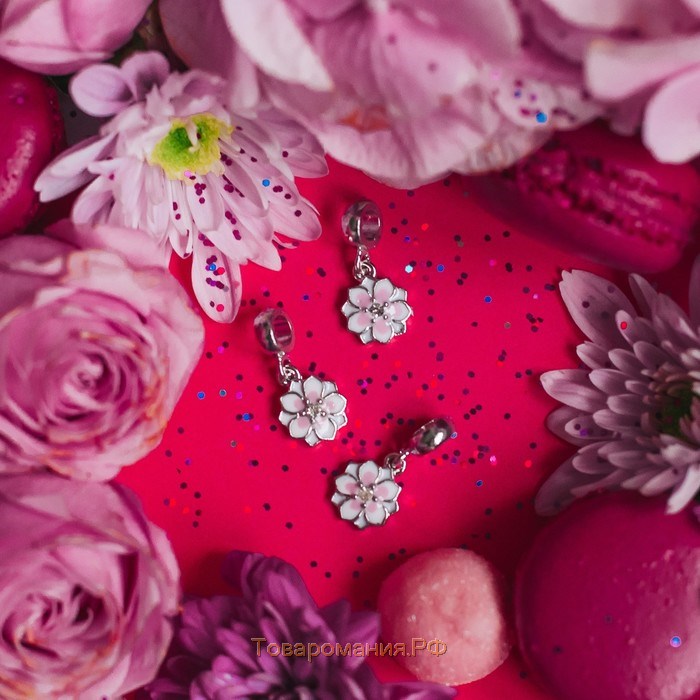 Подвеска «Цветок с эмалью», цвет бело-розовый в серебре