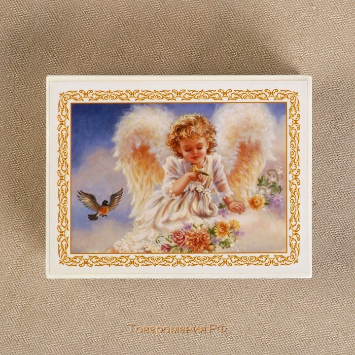 Шкатулка «Ангелок с птичками», белая, 8×10,5 см, лаковая миниатюра