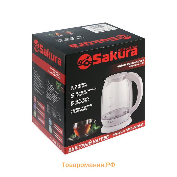 Чайник электрический Sakura SA-2718DBK, стекло, 1.7 л, 2200 Вт, регулировка t°, черный