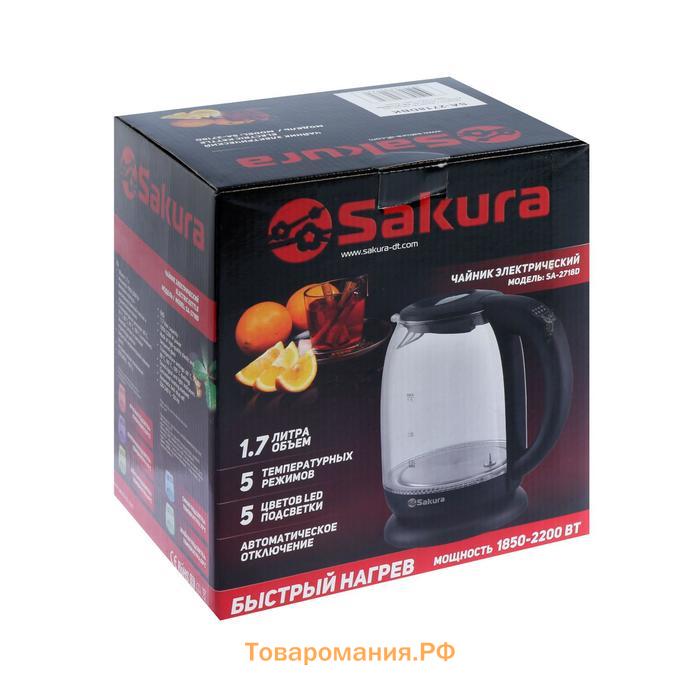 Чайник электрический Sakura SA-2718DBK, стекло, 1.7 л, 2200 Вт, регулировка t°, черный