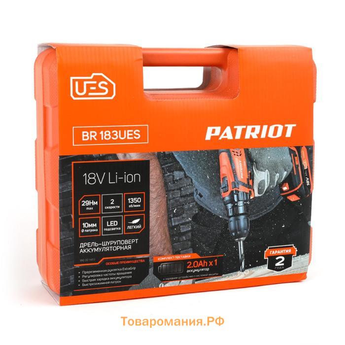 Дрель-шуруповерт аккумуляторная PATRIOT BR183UES, 18 В, Li-Ion, 1х2 Ач, 29 Нм, 1350 об/мин