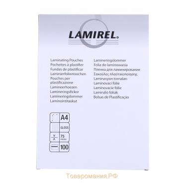 Пленка для ламинирования A4 216х303 мм, 75 мкм, 100 штук, глянцевые, Lamirel