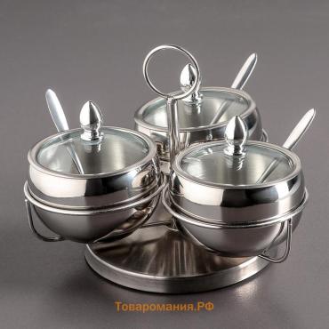 Сахарницы, 340 мл, 19×14 см, на крутящейся подставке с ложками, набор 3 шт., нержавеющая сталь, стекло