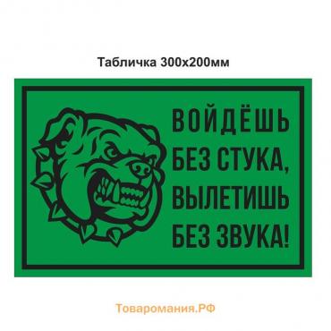 Табличка «Войдёшь-вылетишь» собака 300×200, клейкая основа, цвет чёрно-зелёный
